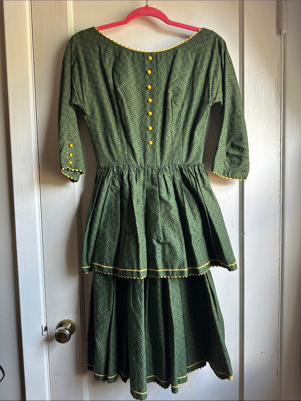 Vintage Lou-Ette California 3/4-Sleeve Peasant Dress with Yellow Trim